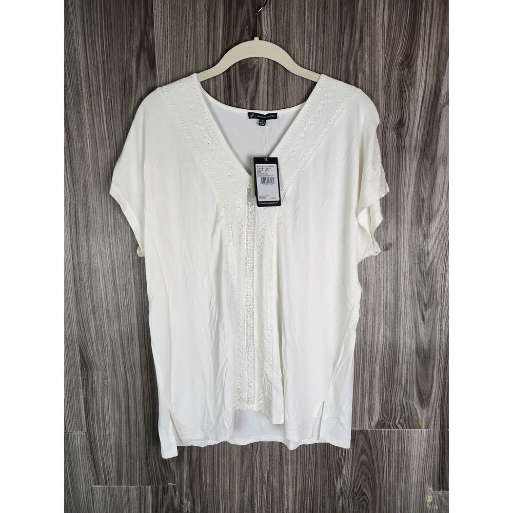 NWT Adrianna Papell Ivory Embroidered Short Sleeve V Neck Blouse Womens Size M